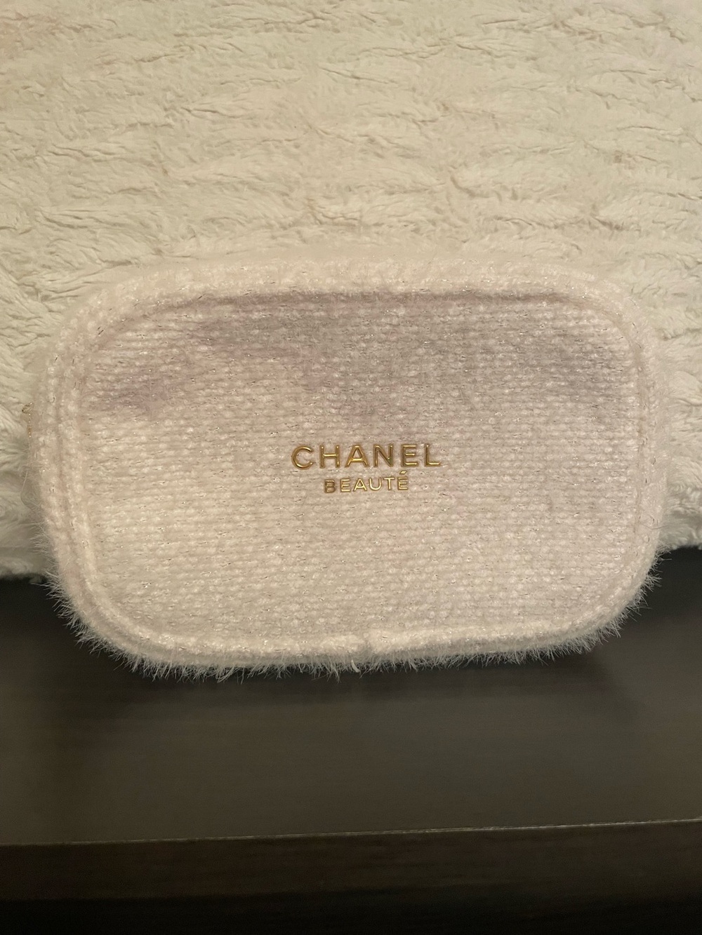 CHANEL white Faux-Fur makeup Case with Gold Logo